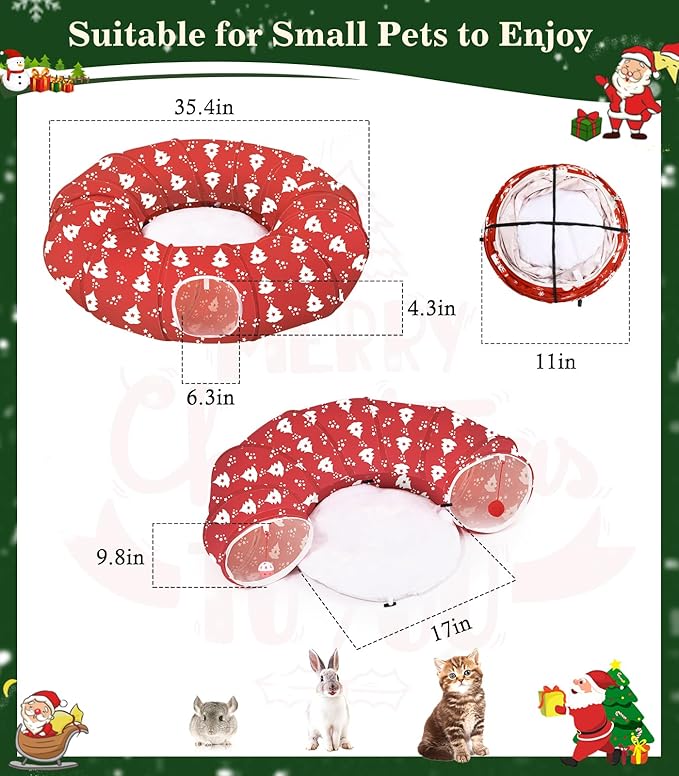 Pawaboo Cat Tunnel Bed Under Christmas Tree, 35.4'' Christmas Cat Toy Circle Tunnel with Ball,Cats Tunnels Christmass Trees Skirt Decorative Festive Foldable Kitty Tube Tunnels for Cats(Red Xmas Tree)