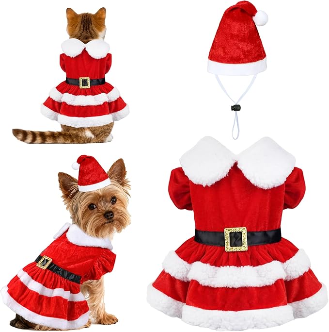 Cat Dog Christmas Dress Outfit Cat Christmas Dress with Santa Hat Costume Holiday Outfit Clothes for Cats Puppy XS Small Dogs (Medium)