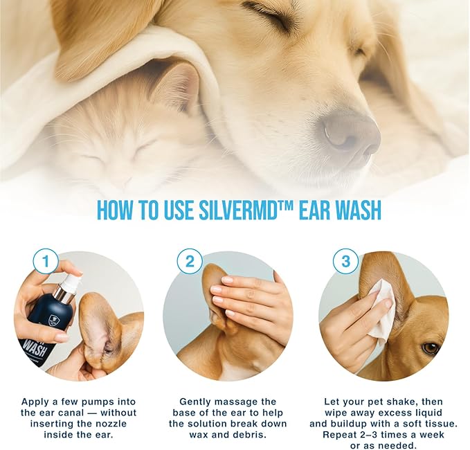 Pet Ear Wash Spray for Dogs & Cats, 8 oz Nano Silver Ear Cleaner, Gentle Ear Flush for Itchy Sensitive Ears, Soothing Cleansing Solution for Wax, Odor & Daily Ear Care