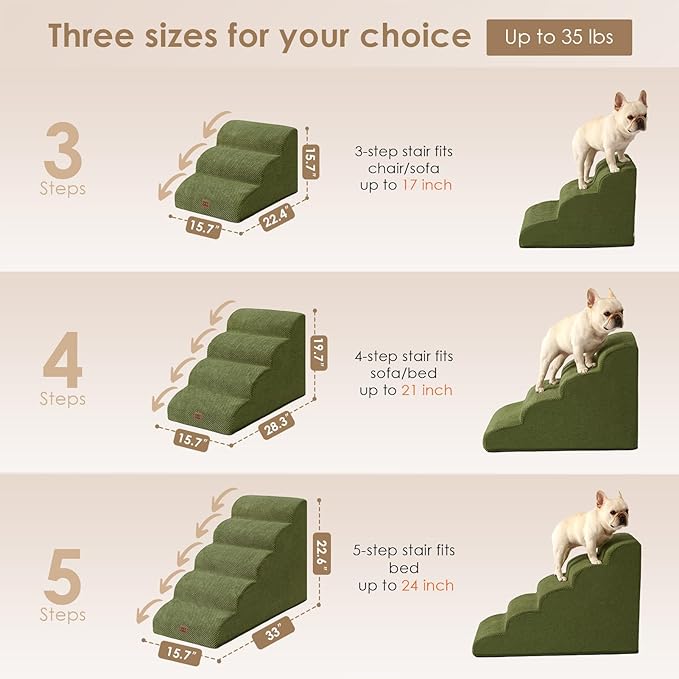 EHEYCIGA Curved Dog Stairs Ramp for Small Dogs 15.7" H, 3-Step Dog Steps for Couch Sofa and Chair, Pet Stairs for Cats, Non-Slip Balanced Pet Steps Indoor, Olive Green