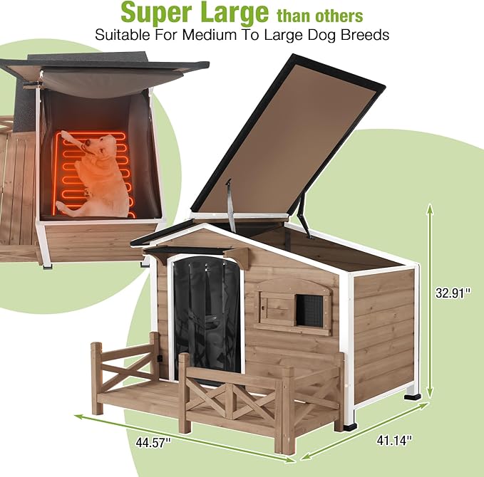 GUTINNEEN 44.6" L Large Heated Dog House Outdoor Insulated Winter Dog Kennel with Thermostat-Controlled Heating Pad, Chew-Proof Metal Frame and 6-Sided Insulated Liner for Large Dogs, Brown
