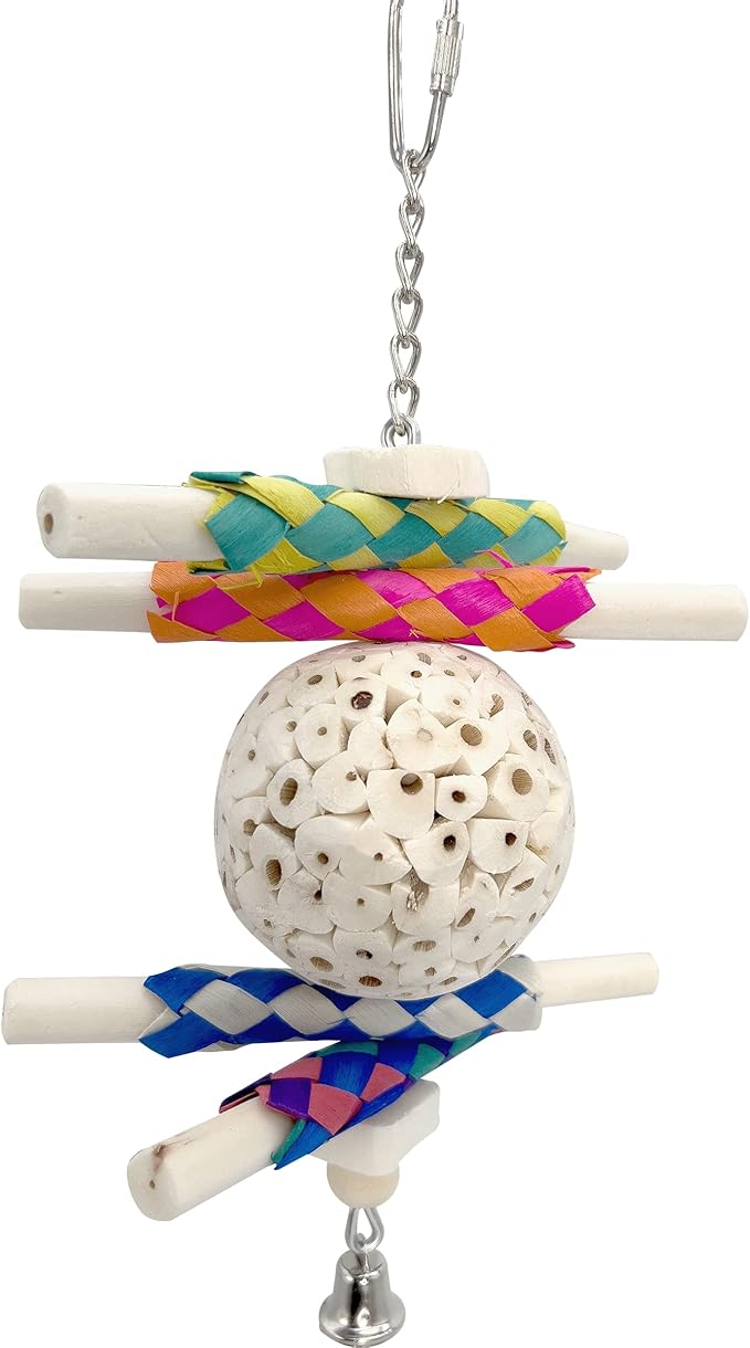 1115 Sola Stickler - Handcrafted Chewable Hanging Bird Toy, Natural Sola Wood Logs, Colorful Bamboo Finger Traps, Handmade Sola Wood Ball, Foraging Fun for Small Size Birds