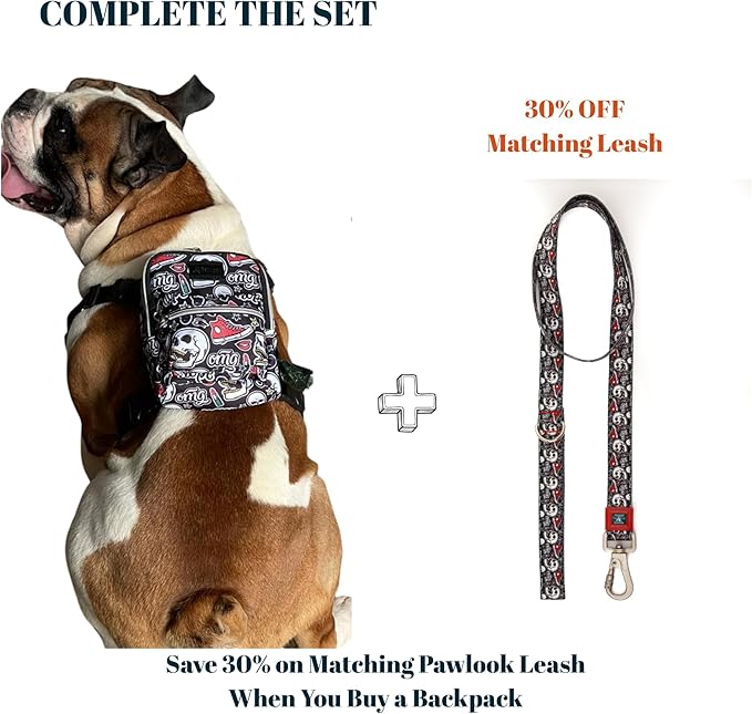 Pawlook Dog Backpack Harness – Street Smart | Waterproof, Adjustable, Breathable – Leash Attachment D-Rings, Poop Bag Pocket – Small & Medium Dogs – 8 Styles Skull Medium