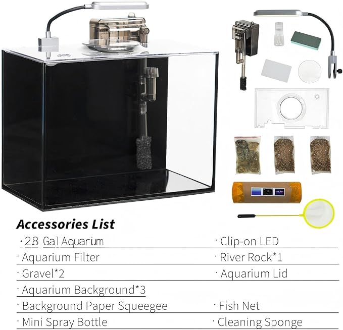 2.8 Gallon Glass Fish Tank with Filter LED Light Complete Betta Fish Tank Starter Kit for Small Aquarium Lovers, Rimless Freshwater Nano Tank with All Essentials Included