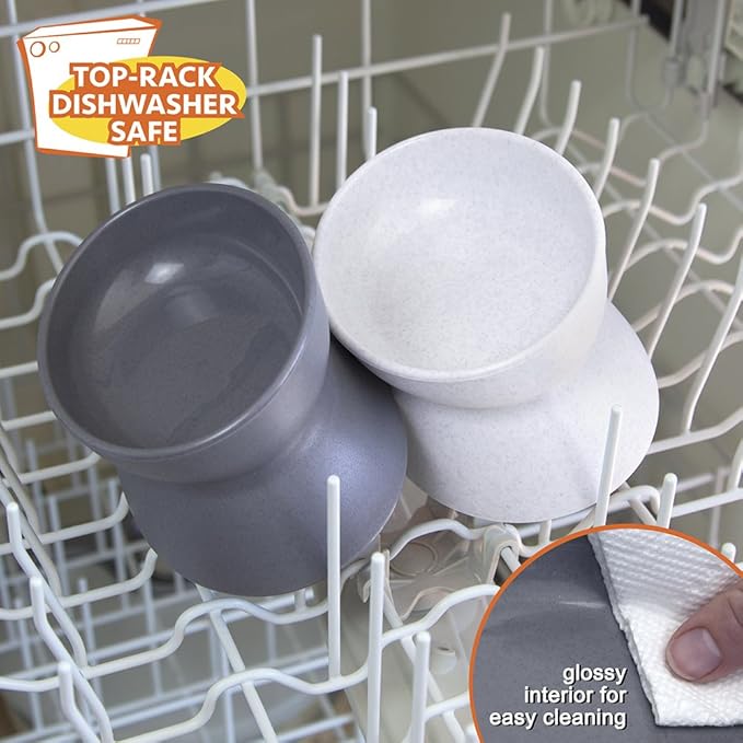 Kitty City Elevated Cat Bowls (Set of 2), Whisker-Friendly Raised Cat Food & Water Dishes, Modern Pedestal Design, Dishwasher Safe, 6.5 oz Each – White & Gray