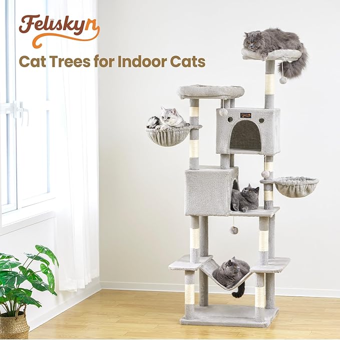 Large Cat Tree Tower for Indoor Cats Adult, 74.8 Inch Tall Multi-Level Kitty Condo with Scratching Posts, Perch, Hammock, Plush Bed for Big Cats, Modern Cat Furniture Heavy Duty (Light Grey)