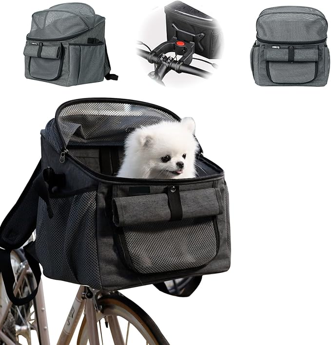 Dog Bike Basket, Soft-Sided Dog Bike Carrier Backpack, Cat Bicycle Basket, Multifunctional Pet Bike Basket Detachable Adjustable Single Shoulder Strap, Foldable Pet Travel Bag for Small Cats and Dogs
