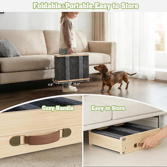 Upgraded Dog Ramp for Couch, Foldable Wooden Pet Ramp with 4 Adjustable Heights from 14'' to 22", Portable Pet Steps with Detachable Guardrails for Small Dogs, Puppies, Injured and Old Dogs