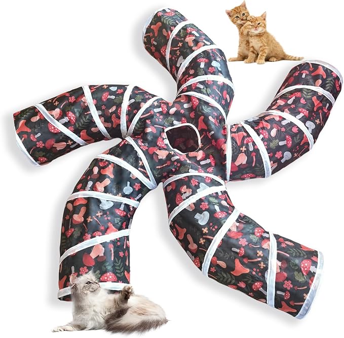EGETOTA Cat Tunnel for Indoor Cats Large, with Play Ball S-Shape 5 Way Collapsible Interactive Peek Hole Pet Tube Toys, Puppy, Kitty, Kitten, Rabbit (S5 - Mushroom)