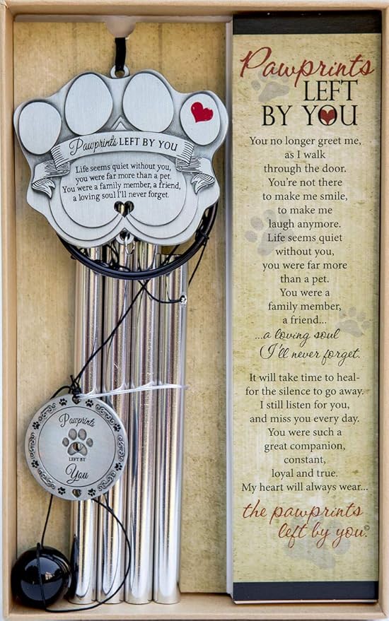 Pet Memorial Wind Chime - 18" Metal Casted Pawprint Wind Chime - A Beautiful Remembrance Gift for a Grieving Pet Owner - Includes Pawprints Left by You Poem Card