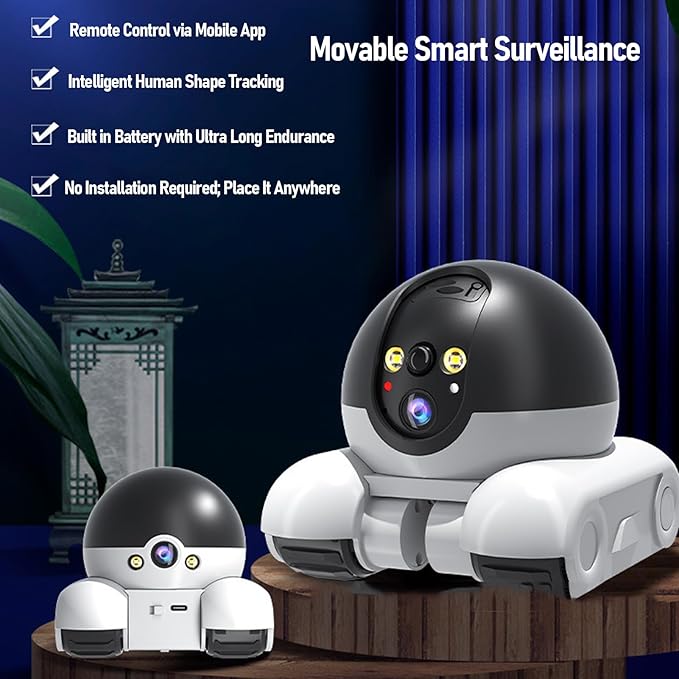 Bewinner Smart Security Camera, 2MP Double Lens Home Baby Pet Monitor with Wheels, Two Way Audio, 1080P WiFi Movable Cat Dog Camera, One Key Following & Remote Control