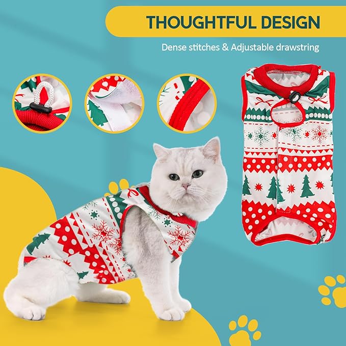 Avont Cat Recovery Suit - Kitten Onesie for Cats After Surgery, Cone of Shame Alternative Surgical Spay Suit for Female Cat, Post-Surgery or Skin Diseases Protection -Christmas(S)