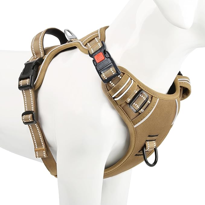 Timos Dog Harness Small Sized, No Pull Pet Harness with Neck Lockable Snap,No Choke Front Clip Dog Reflective Vest,Adjustable Metal Rings 3 Buckles,Easy Control Handle for Small Dogs Khaki S