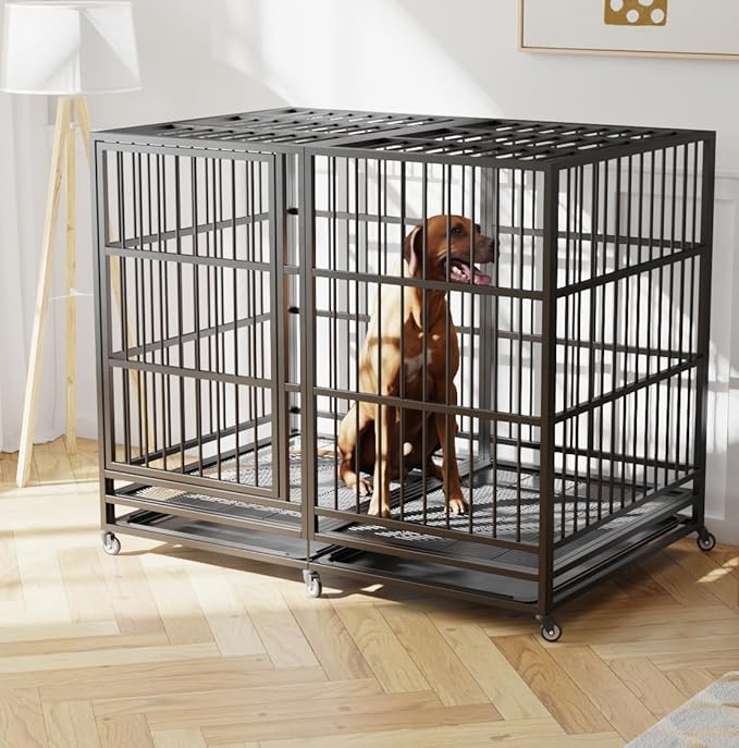 54 inch Heavy Duty Indestructible and Escape-Proof Dog Crate Cage Kennel for Large Dogs, High Anxiety Dog Crate with Removable Wire Trays and Wheels, Extra Large XL XXL, Black