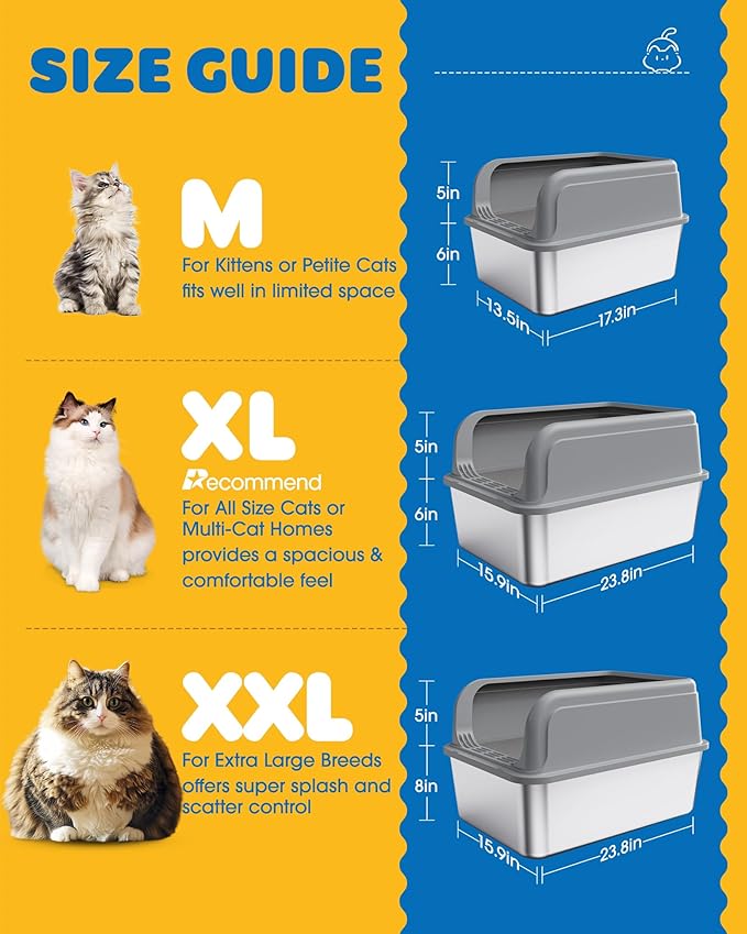 Stainless Steel Cat Litter Box, Metal Litter Box with Scoop, High- Sided, Anti-Leakage Top Entry, Non-Sticky, Easy to Clean, White, M (1 Pack)