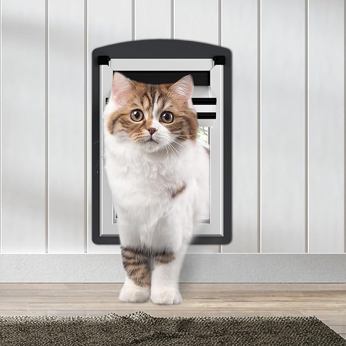 FreeStanding Cat Door for Wall, Steel Frame Cat Doors with Telescoping Tunnel, Magnetic Double Flaps and 2 Security Lock Panels, Cat Door for Interior and Exterior Wall, Small, Gray