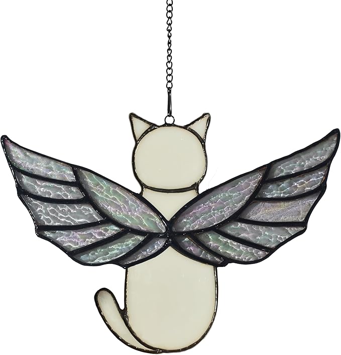 Angel Rainbow Wing Memorial Gifts - Stained Glass Cat Suncatcher, Loss of Cat Sympathy Gift (White)