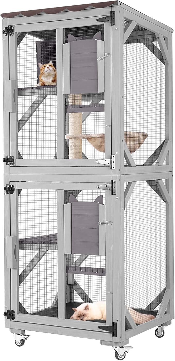 Aivituvin Catio Outdoor Cat Enclosure Wooden Cat Cage with Window Access Large Kitty House on Wheels 62.4’’ Indoor Patio