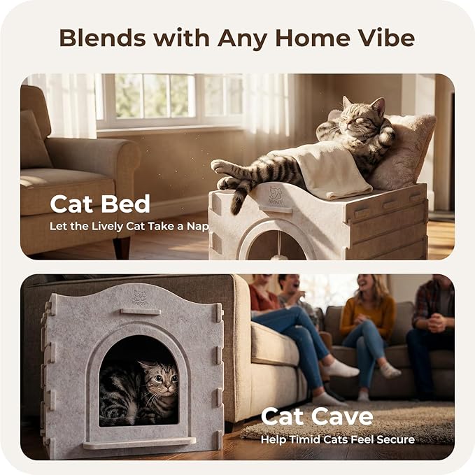 Apasiri Indoor Cat Houses for Indoor Cats, Warm Insulated Covered Cat Cave for IndoorCats House, Strong Scratch-Resistant Capacity, Sturdy Fiber, Compatible with Heating Pads, Cat