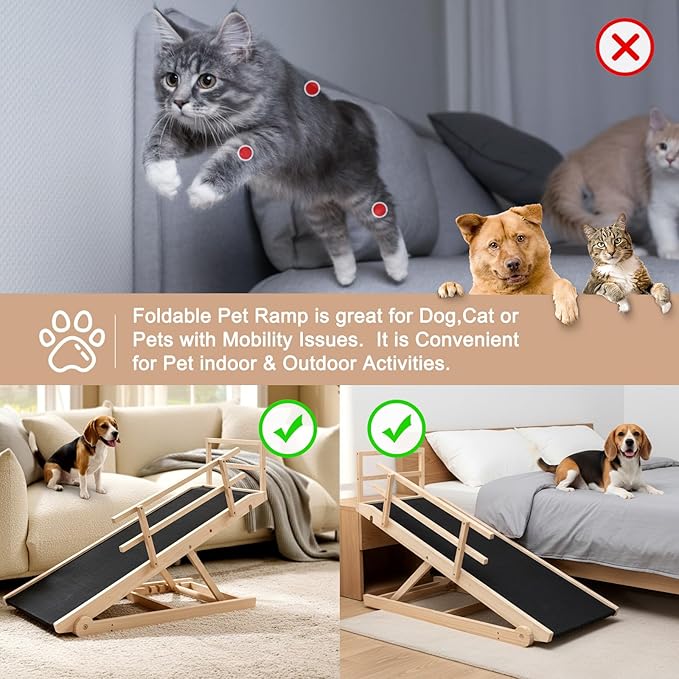 SLSY Dog Ramp for Bed, Couch & SUV, Upgraded Folding Adjustable Pet Ramp with Non-Slip Rubber Mat, 45.2" Long, 5 Heights 15.7''–23.6", Portable Wooden Step Supports up to 200 lbs for Pet(Natural)