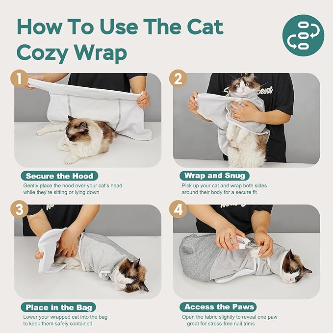 Self-Adhesive Cat Grooming Wrap, Cozy Cat Wrap for Cutting Nails, Breathable Anti-Scratch Cats Swaddle Bag for Brushing, Ear Cleaning, Dental Care, Medication, Injections, Grey M