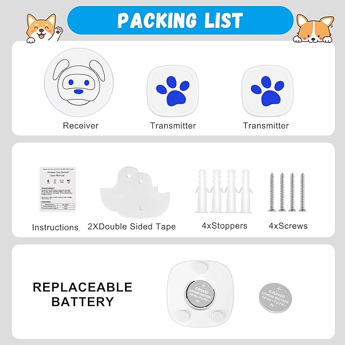 Dog Doorbell, Wireless Ring Bell to Go Outside, IP55 Waterproof Buttons, 55 Melodies, 4 Volume Levels & 950ft Range (White, 1 Reciever 2 Transmitters)