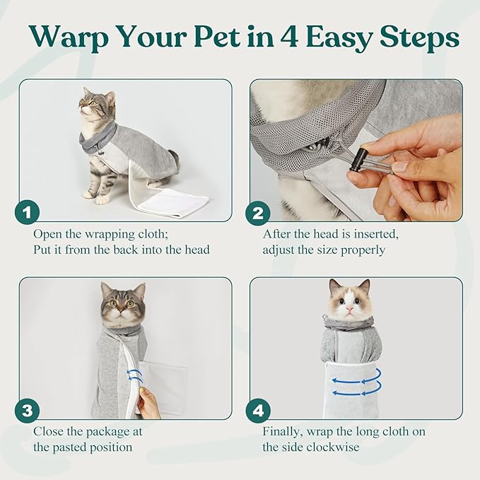Supet Cat Grooming Wrap for Cutting Nails, Self-Adhesive Anti-Scratch Swaddle with Bite-Proof Mesh Hood & Thick Waist Strap Anti-Escape Bag for Nail Trimming, Medication, Ear Cleaning (Grey M)