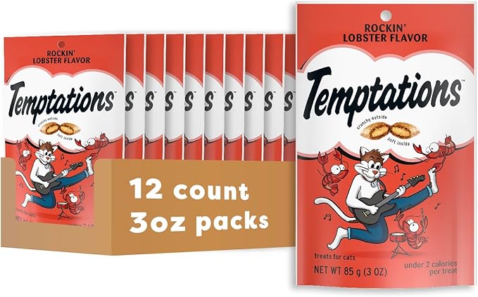 Temptations Classic Cat Treats, Rockin' Lobster Flavor, Crunchy and Soft Cat Treats 3 oz. Pouch (Pack of 12)