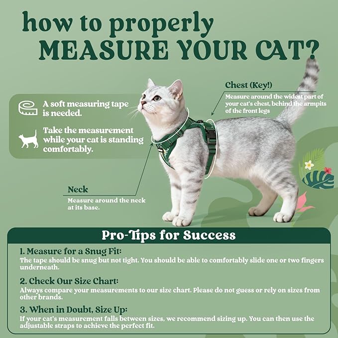 rabbitgoo Cat Harness and Leash for Walking, Escape Proof Soft Adjustable Vest Harnesses for Cats, Easy Control Breathable Reflective Strips Jacket,Rainforest Green,S
