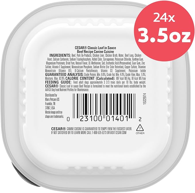 Cesar Classic Loaf in Sauce Adult Wet Dog Food Beef Recipe, 3.5 oz. Easy Peel Trays, 24 Count (Pack of 1)