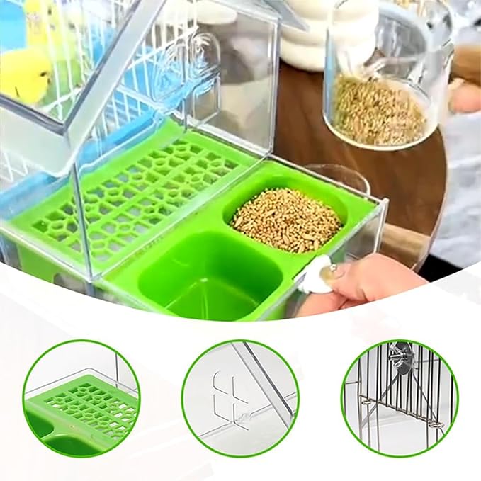 Pull-Out External Parrot Feeder, No Mess Hanging Bird Feeder for Cage, Multi-Function Transparent Bird Seed Platform Parrot Bath Tub Pet Feeding & Watering Supplies Easy to Clean (White)