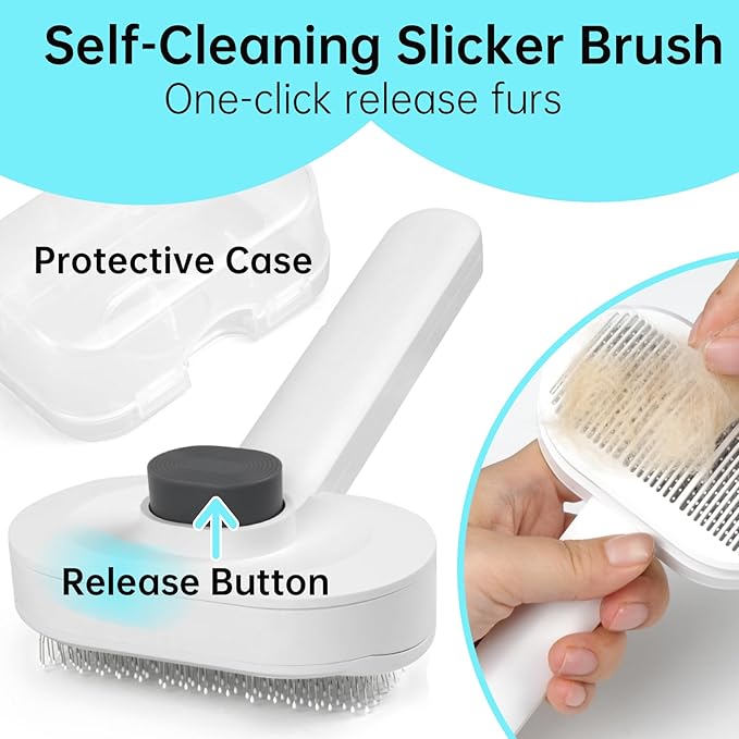 Prime Pets Long Pin Cat Brush, Self-Cleaning Slicker Brush for Indoor Cats, 3-in-1 Grooming Kit with Case for Dogs Small Animals, White