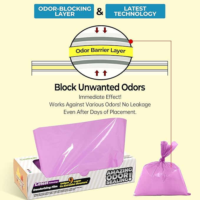 Odor-Sealing Cat Litter Bags - 90 Count Unscented Cat Poop Bags with Strong Odor Control, Leakproof & Durable Pet Waste Bags (Size:L, Color: Purple)