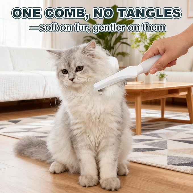 Premium Cat Comb - Professional Dog Comb with Dual-Length Stainless Steel Teeth & Ergonomic Silicone Handle - Versatile Comb for Long & Short Hair, Rabbits & More