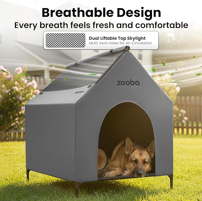 36" Large Dog House for Large Dog Indoor or Outside, Weatherproof 600D PVC Outdoor, Featuring Breathable 2x1 Textilene Elevated Dog Bed, Easy Clean (Grey)