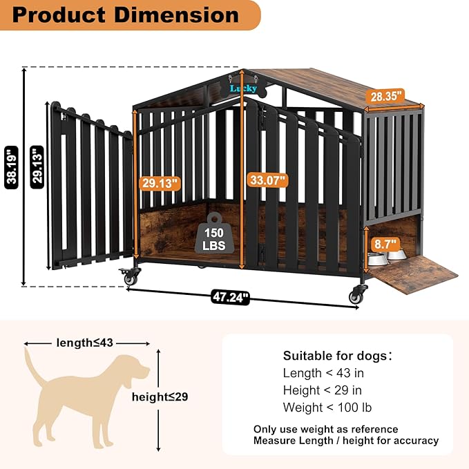 EasyCom 48“ XXL Heavy Duty Dog Crate Furniture with Wheels, Dog Crates for Large Dogs(Over 60lb), Extra-Wide Thick Steel Plates for Chew Resistance, with Feeding Window and Name Tag, Rustic Brown