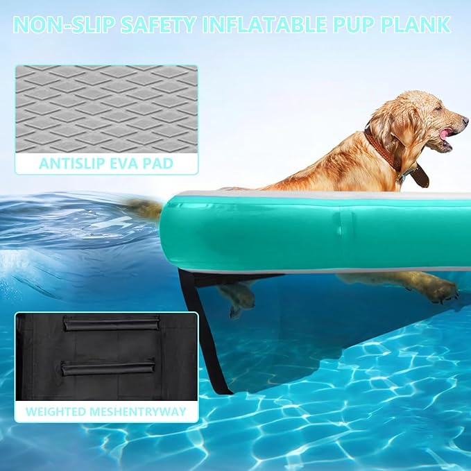 Dog Pool Ramp, Inflatable Dog Boat Ramp, Non-Slip EVA Inflatable Floating Dock Ladder for Pools Boats Docks, Safe & Easy Water Access for Large Dogs, Green