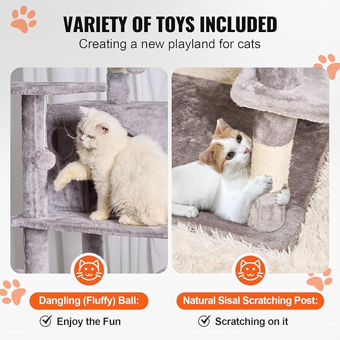 VEVOR Cat Tree for Indoor Cats, 68.5" Cat Tower with 2 Cat Condos, Sisal Scratching Post, Hammock, Top Perch, Jumping Platforms, Large Cat Furniture Activity Center with Hang Ball, Light Grey