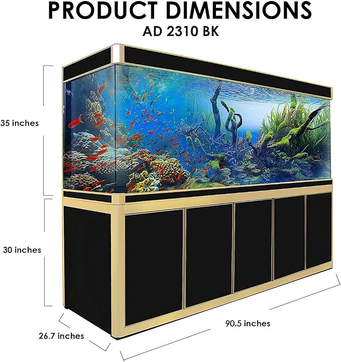 350 Gallon Glass Aquarium with Aluminum Cabinet - Including Sump for Filtration and Circulation, Plumbing, LED, Black with Gold Trim