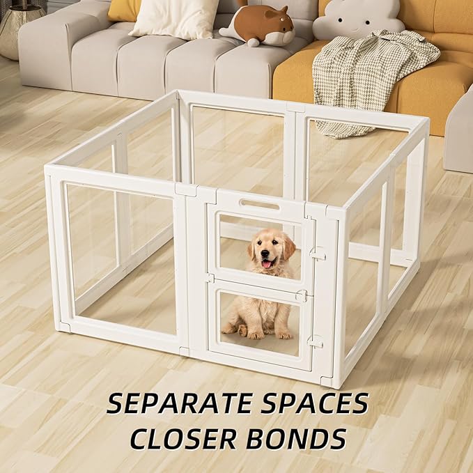 Clear Acrylic Dog Playpen Indoor,Transparent Dog Pen,Easy to Assemble and Clear pet Pen for Puppy Dog, Rabbit and cat,Sturdy and Easy to Clean Plastic pet Fence (White, 30.3" H, 8PCS)