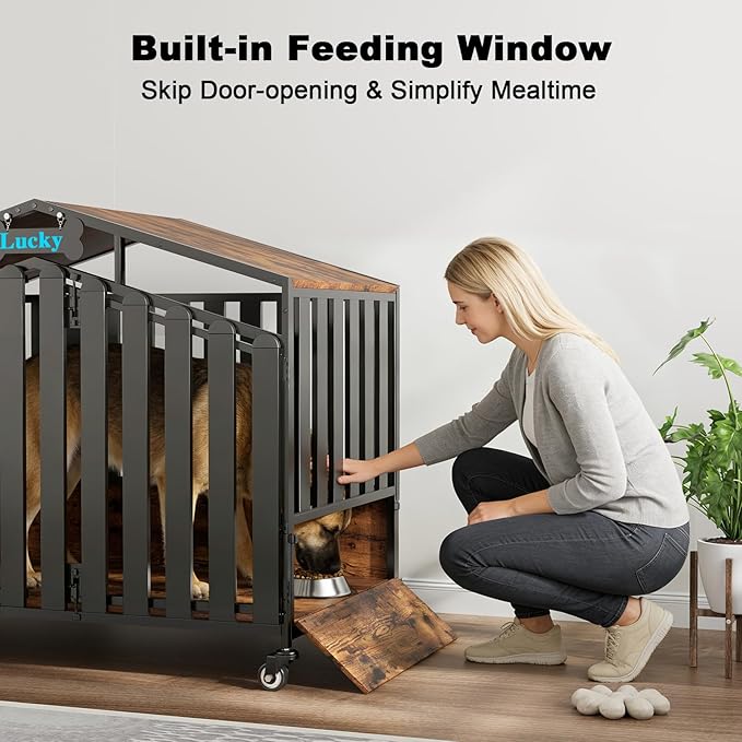 EasyCom 48“ XXL Heavy Duty Dog Crate Furniture with Wheels, Dog Crates for Large Dogs(Over 60lb), Extra-Wide Thick Steel Plates for Chew Resistance, with Feeding Window and Name Tag, Rustic Brown