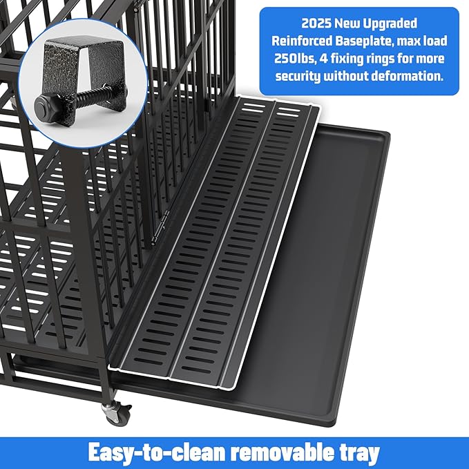 48 Inch Heavy Duty Indestructible Dog Crate, XL Steel Escape-Proof Kennel for Large Dogs, Double Door Design with 4 Locking Wheels & Reinforced Baseplate, Ideal for High-Anxiety Dogs
