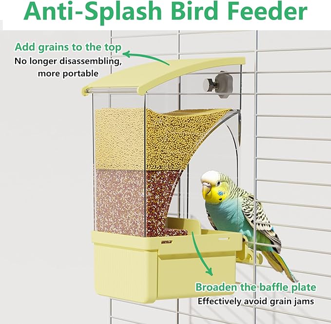 Hamiledyi 2Pcs Automatic Bird Feeder No Mess Bird Cage Feeder Transparent Acrylic Parrot Seed Food Container with Perch Cage Accessories for Parakeet Finch Lovebirds Budgies Canary (Yellow)