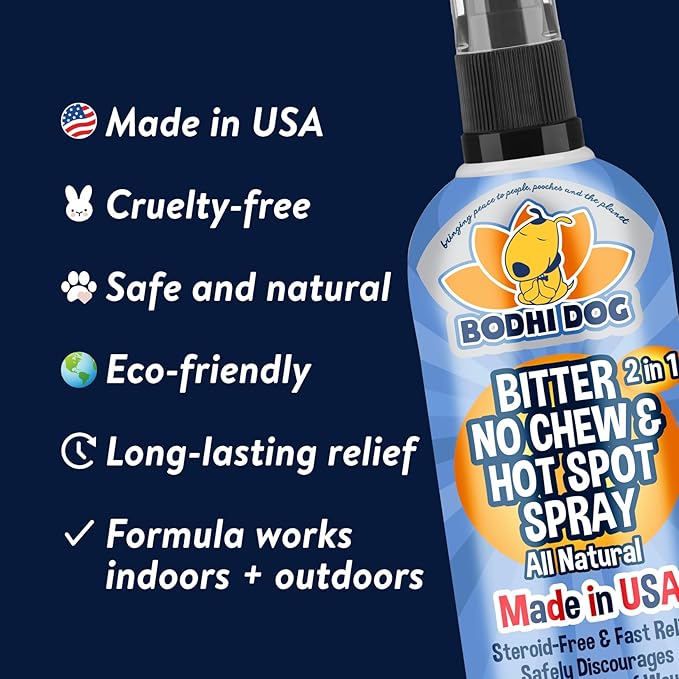 Bodhi Dog Bitter 2-in-1 No Chew & Hot Spot Spray - Natural Anti-Chew Remedy Better Than Bitter Apple - Soothes Hot Spots, Deters Chewing - Safe for Skin, Wounds & Furniture- Made in USA (8 Fl Oz)