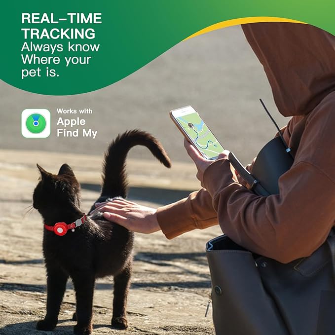 GPS Tracker for Cats, Waterproof Pet GPS Tracker, Cat Tracker Collar with Safety Elastic Buckle, Compatible with Apple Find My App (Only iOS), No Monthly Fee, Red