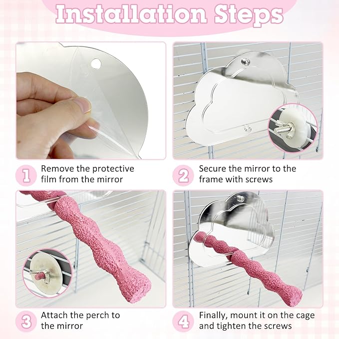 PINVNBY 2 PCS Bird Perch with Mirror Resin Parakeet Perches Hanging Parrot Toys Interactive Bird Cage Accessories for Cockatiel Conure Lovebird Finch (Pink)