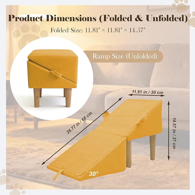 Split Ottoman Dog Ramp for Couch and Low Bed, 2-in-1 Foldable Dog Stairs for Small Dogs and Cats, Wooden Pet Ramp with Non-Slip Surface, Portable Step Stool Design, Orange