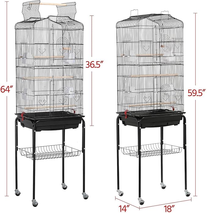 Yaheetech 64'' Bird Cage, Open Top Parakeet Cage w/Slide-Out Tray, Feeders, Detachable Rolling Stand, Bird Cages for Parrot, Cockatiel, Budgie, Parakeets, Lovebird, Small Medium Birds