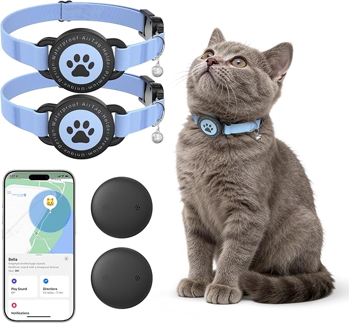 GPS Cat Tracker Collar(iOS & Android), Bluetooth Mini GPS Dog Tracker, Smart Pet Activity Tracker, No Monthly Fee, Work with Apple Find My & Google Find Hub, Finder Tag for Pets,Items 2 Pack Blue