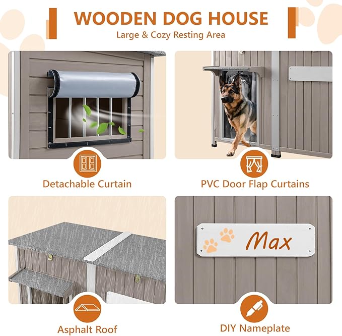 55"L Dog House Outdoor Large Breed Extra XL Wooden Dog House with Weatherproof Asphalt Roof, All-Around Iron Frame, Removable Floor, Openable Top Roof, Air Vents Window for Medium to Large Dogs